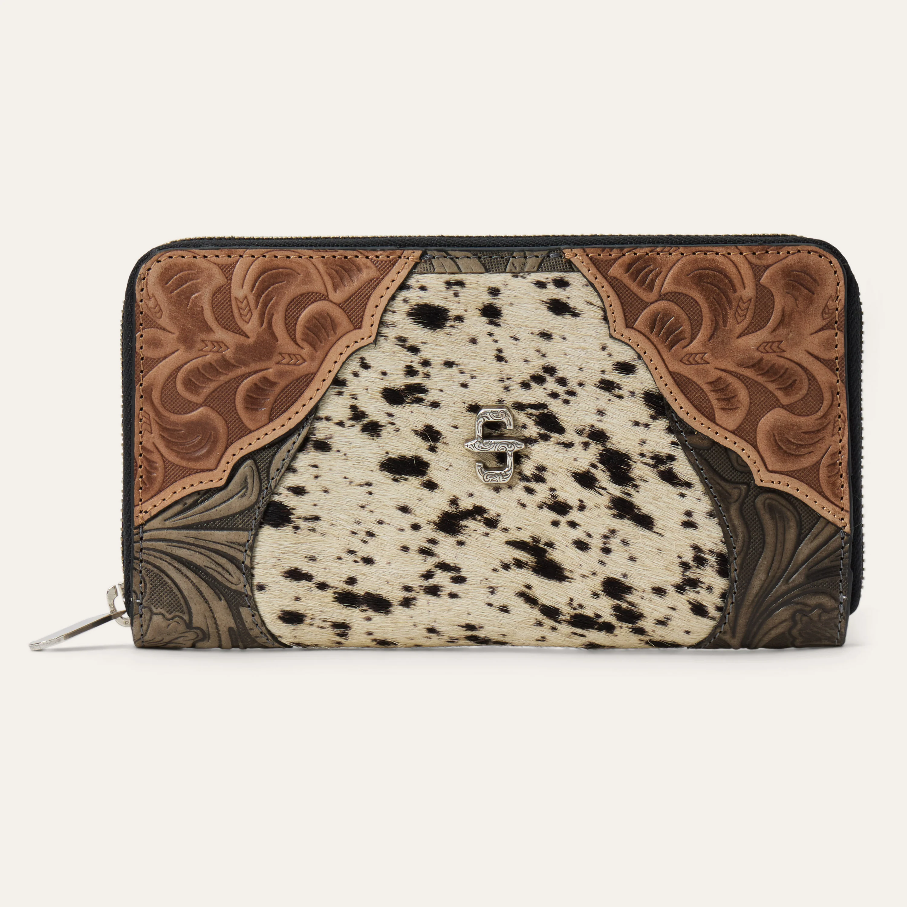 Hair-On-Hide Tooled Zip Wallet