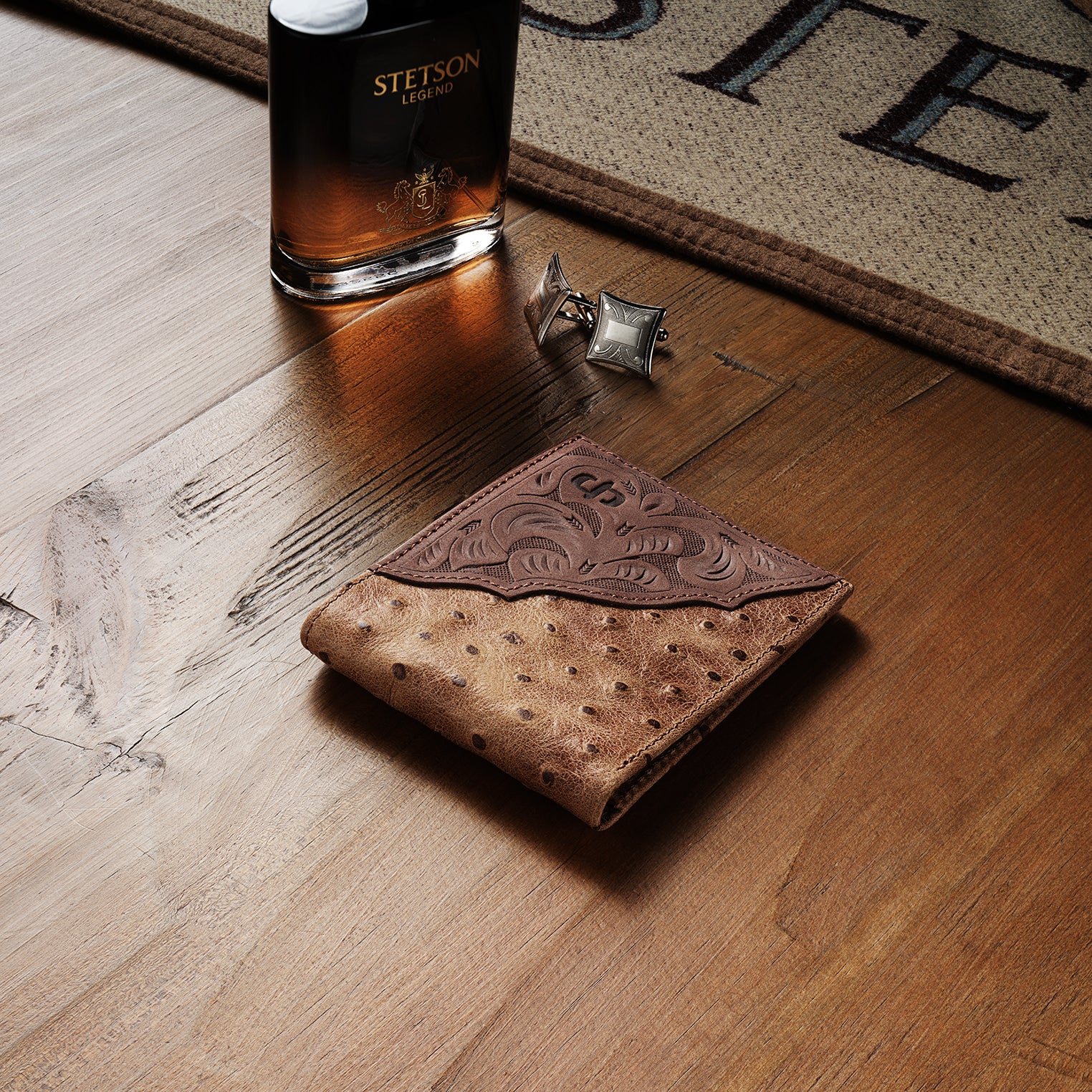 Tooled Embossed Ostrich Bi-Fold Wallet