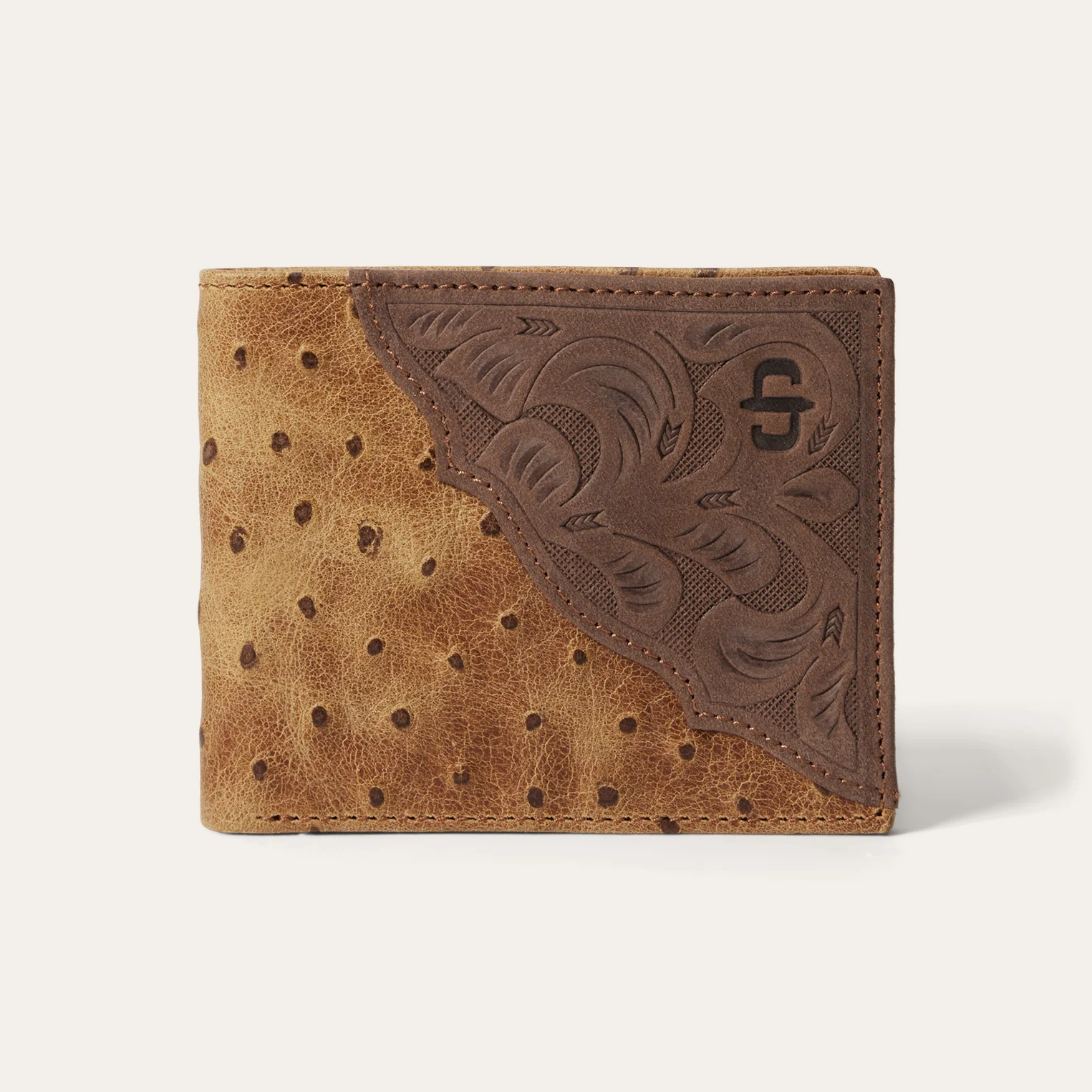Tooled Embossed Ostrich Bi-Fold Wallet