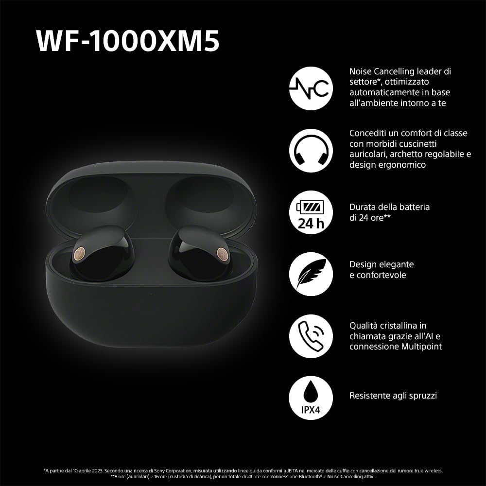 Sony WF-1000XM5 Noise Cancelling Earbuds - Industry-Leading Sound, 24H Battery & Fast Charge, Compact Design, Black