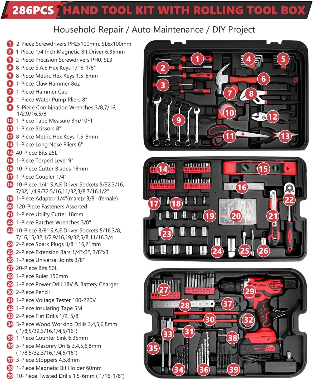 KINGTOOL Home Tool Set Kit - 286 PCS Home Auto Repair Tool Kit with Rolling Tool Box