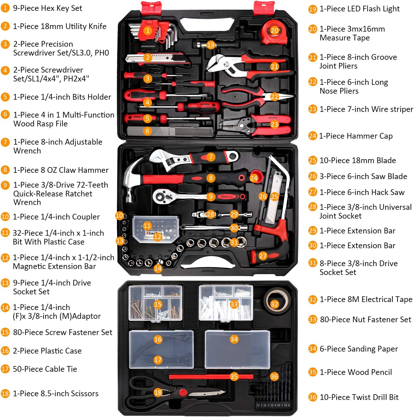 KINGTOOL Home Tool Set Kit - 286 PCS Home Auto Repair Tool Kit with Rolling Tool Box