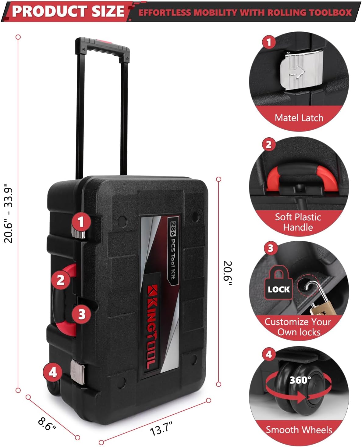 KINGTOOL Home Tool Set Kit - 286 PCS Home Auto Repair Tool Kit with Rolling Tool Box
