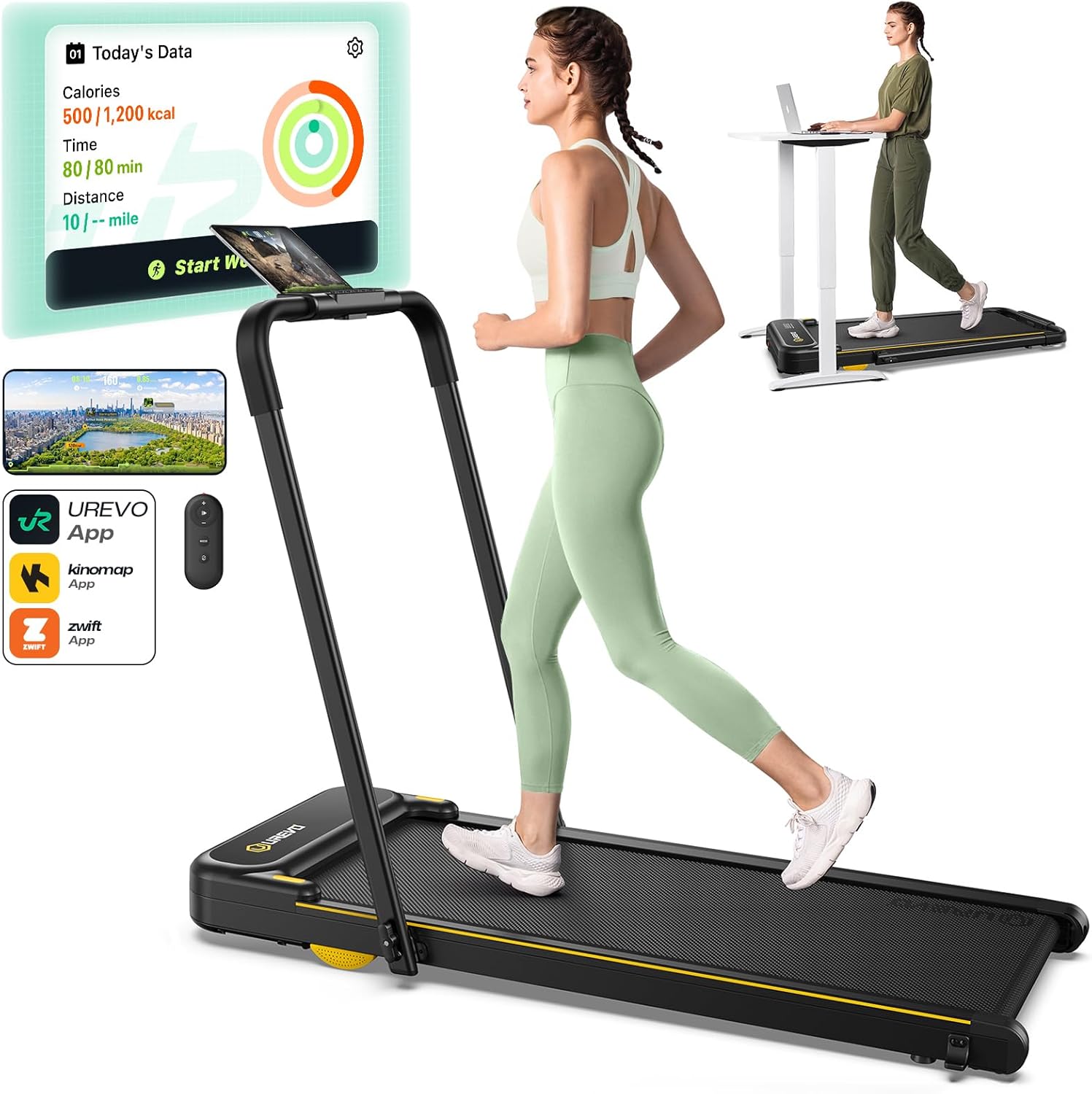 UREVO Space-Saving 2-in-1 Treadmill, Foldable Design with Safety Bar for Walking & Running at Home or Office