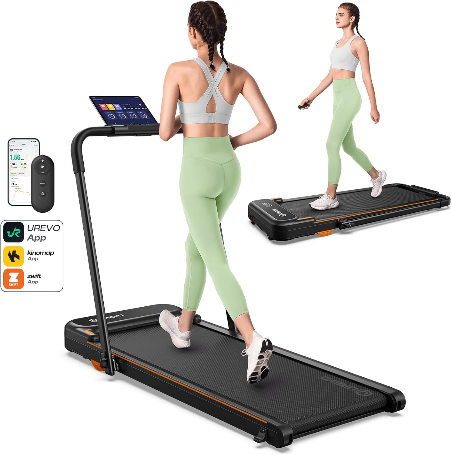 UREVO Space-Saving 2-in-1 Treadmill, Foldable Design with Safety Bar for Walking & Running at Home or Office