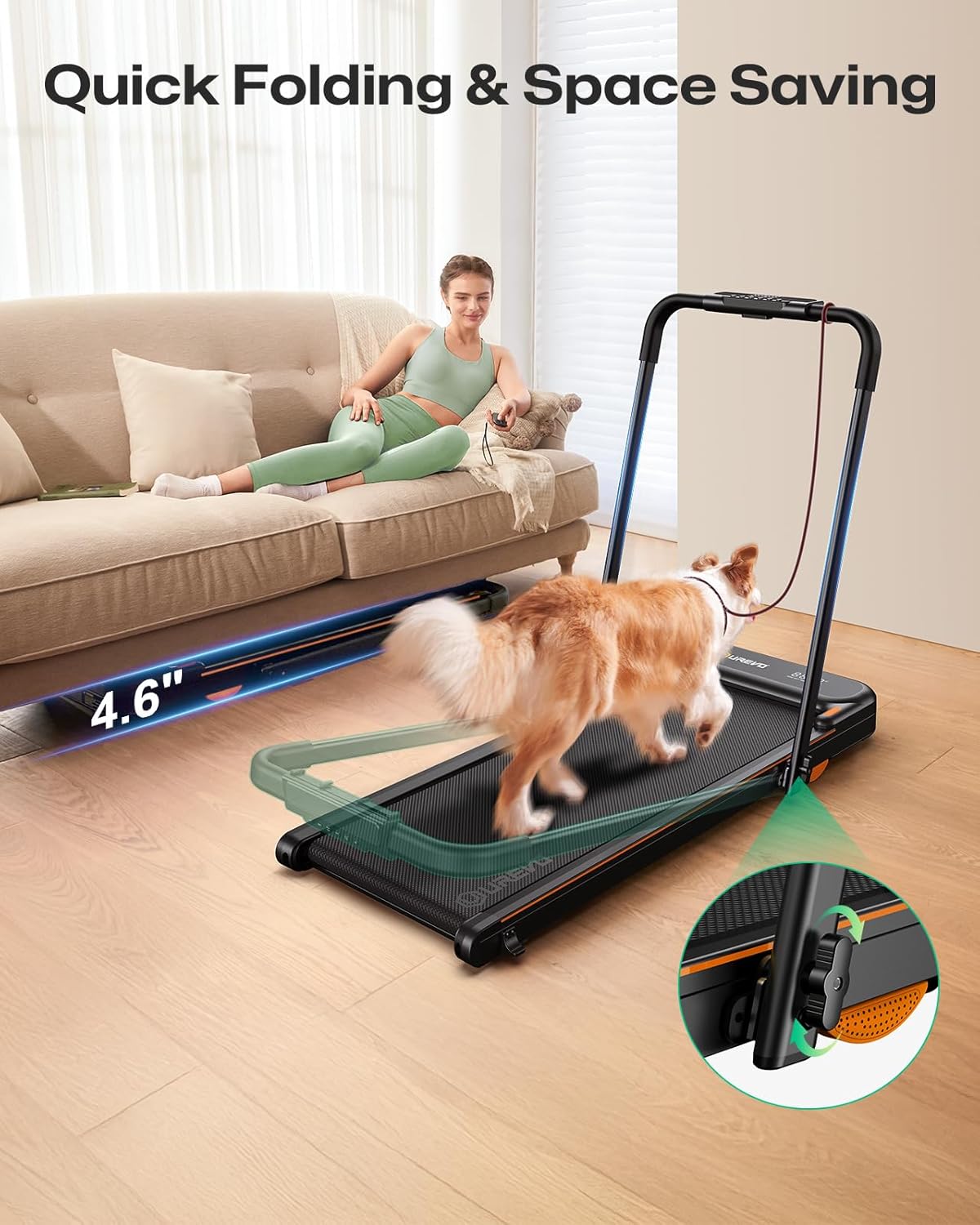 UREVO Space-Saving 2-in-1 Treadmill, Foldable Design with Safety Bar for Walking & Running at Home or Office