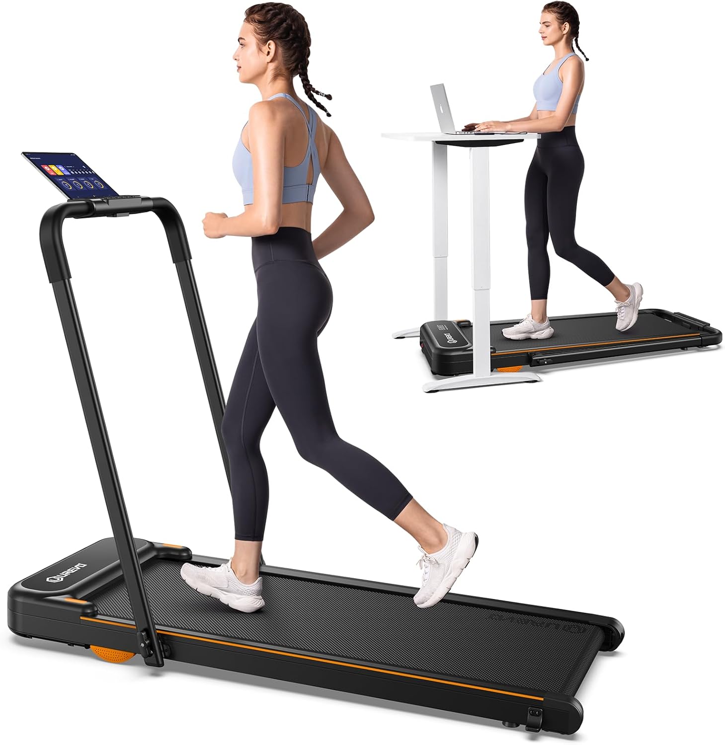 UREVO Space-Saving 2-in-1 Treadmill, Foldable Design with Safety Bar for Walking & Running at Home or Office