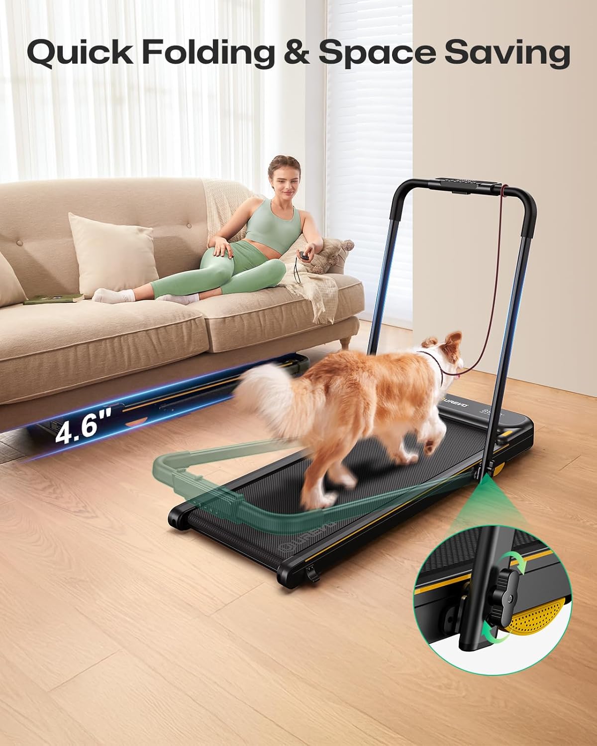 UREVO Space-Saving 2-in-1 Treadmill, Foldable Design with Safety Bar for Walking & Running at Home or Office