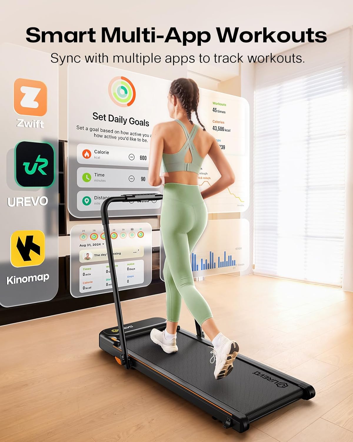 UREVO Space-Saving 2-in-1 Treadmill, Foldable Design with Safety Bar for Walking & Running at Home or Office