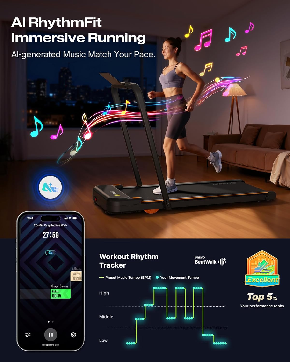 UREVO Space-Saving 2-in-1 Treadmill, Foldable Design with Safety Bar for Walking & Running at Home or Office