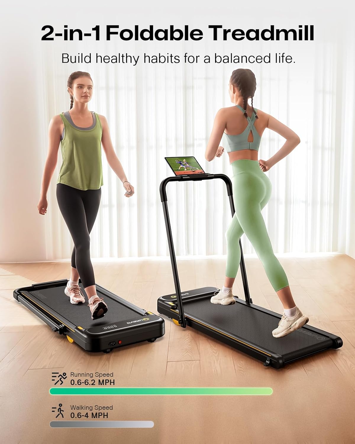 UREVO Space-Saving 2-in-1 Treadmill, Foldable Design with Safety Bar for Walking & Running at Home or Office