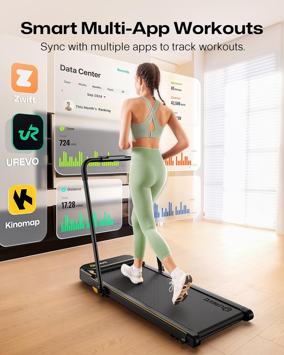 UREVO Space-Saving 2-in-1 Treadmill, Foldable Design with Safety Bar for Walking & Running at Home or Office