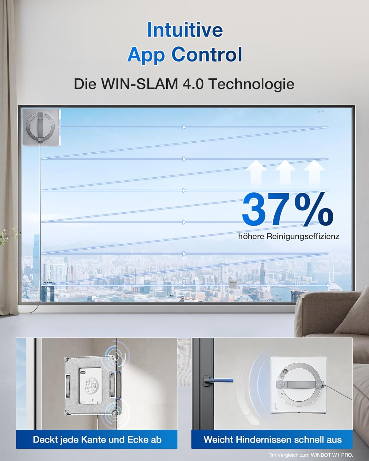 ECOVACS Winbot W2 Pro Window Cleaning Robot, 3-Nozzle Water Sprayer, 10-Level Protection System, Win-SLAM 4.0 Path Planning, Steady Climbing System, Edge Detection, App Control, White