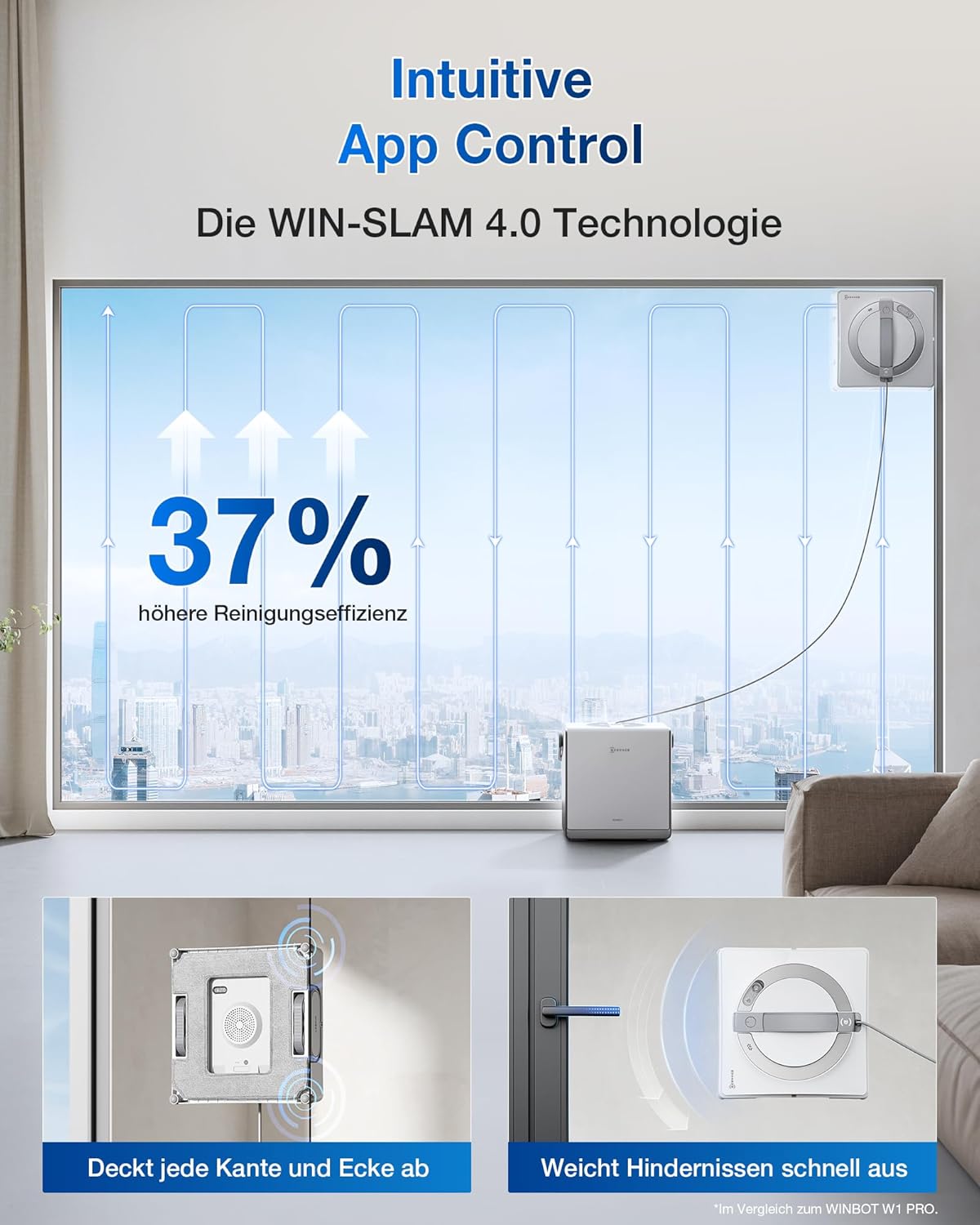 ECOVACS Winbot W2 Pro Window Cleaning Robot, 3-Nozzle Water Sprayer, 10-Level Protection System, Win-SLAM 4.0 Path Planning, Steady Climbing System, Edge Detection, App Control, White