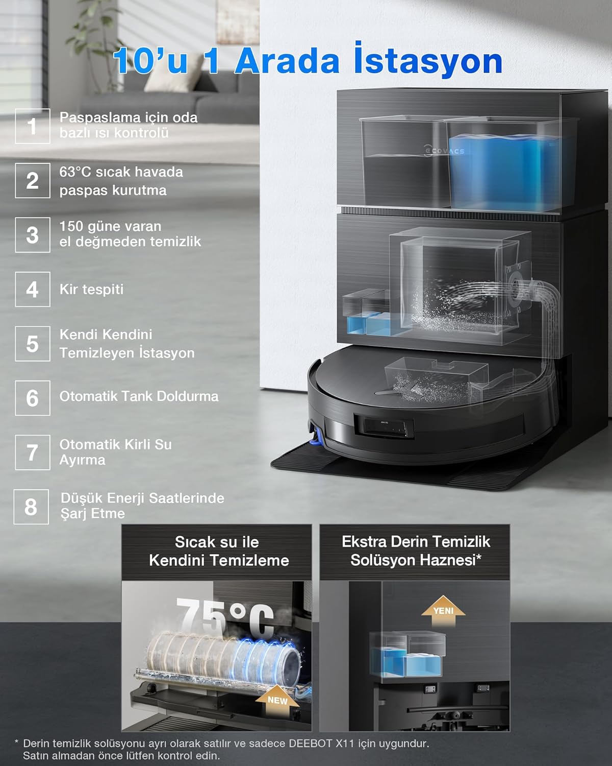 ECOVACS DEEBOT X11 PRO Omni Robot Vacuum Cleaner with Mop Function, 19500 Pa, OZMO Roller 2.0, ZeroTangle 3.0, TruEdge 3.0, Climbing Max 4 cm Height, Extending Mop, All-in-One Omni Station