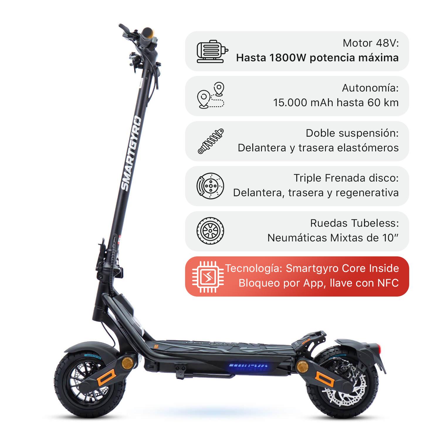 SmartGyro Rockway EVO, Potencia Máxima 800W, Potencia Nominal 500W, Carga 140 kg, 13000 mAh, 25 km/h, 50 km Autonomía
