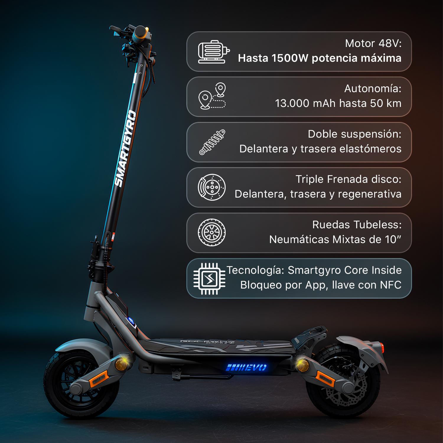 SmartGyro Rockway EVO, Potencia Máxima 800W, Potencia Nominal 500W, Carga 140 kg, 13000 mAh, 25 km/h, 50 km Autonomía