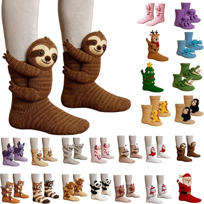 Generisch 3D Knitted Socks with Animals, Animal Socks, Cotton Animal Socks, Sloth Warm Animal Socks, Funny Cuddly Socks