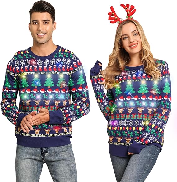 Belovecol Unisex Christmas Jumper, LED Ugly Christmas Sweater, Long-Sleeved Knitted Jumper