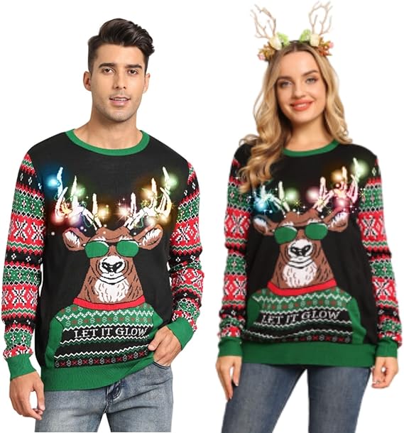 Belovecol Unisex Christmas Jumper, LED Ugly Christmas Sweater, Long-Sleeved Knitted Jumper
