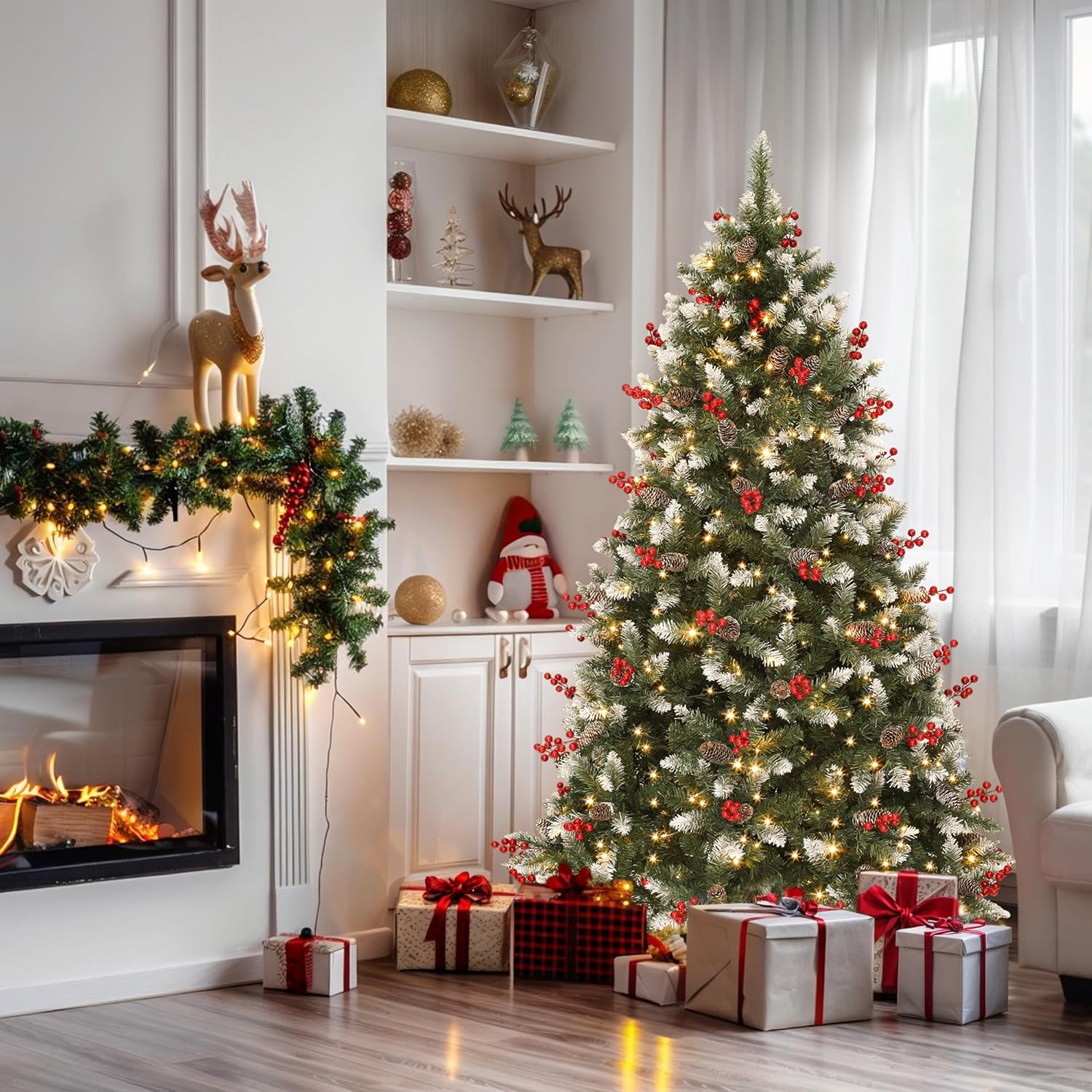 YITAHOME 6ft Pre-lit Artificial Flocked Christmas Tree with Remote Control