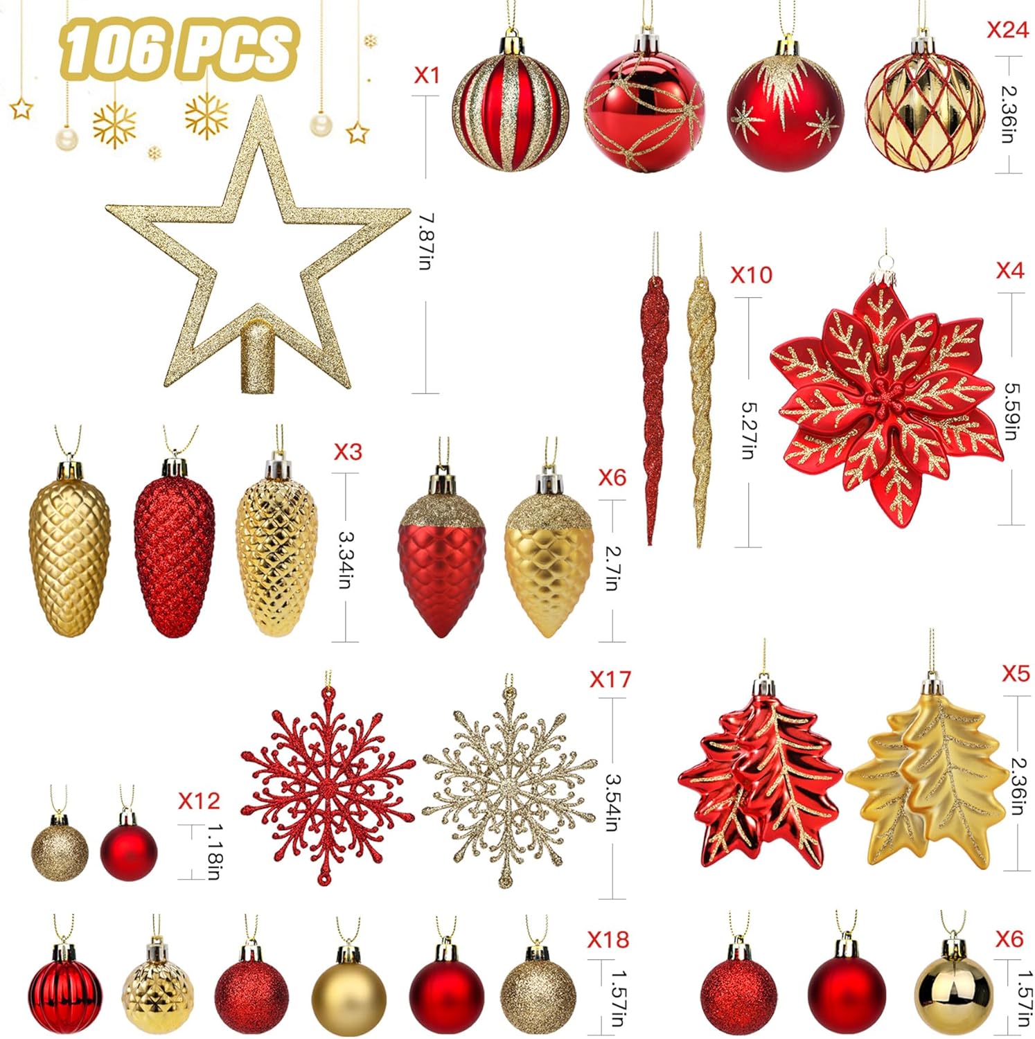 Shareconn 2025 Ruby Gold Christmas Baubles Set (106-Piece)