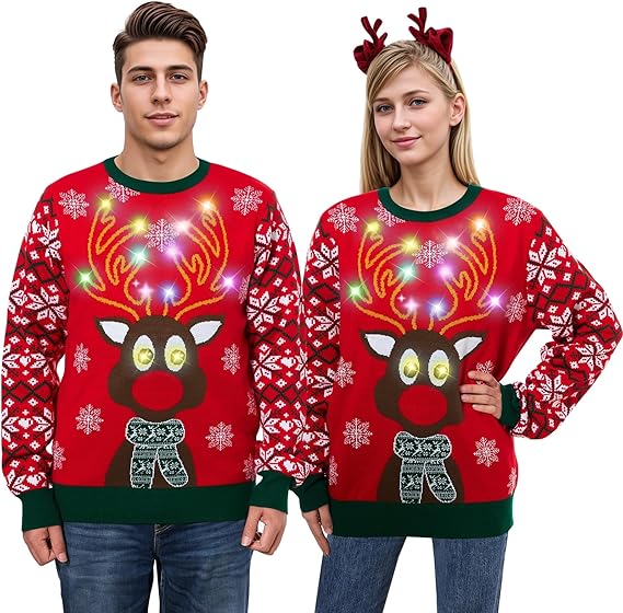 Belovecol Unisex Christmas Jumper, LED Ugly Christmas Sweater, Long-Sleeved Knitted Jumper