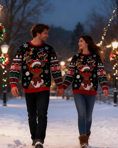 Belovecol Unisex Christmas Jumper, LED Ugly Christmas Sweater, Long-Sleeved Knitted Jumper