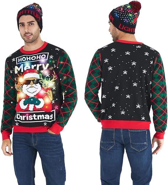 Belovecol Unisex Christmas Jumper, LED Ugly Christmas Sweater, Long-Sleeved Knitted Jumper