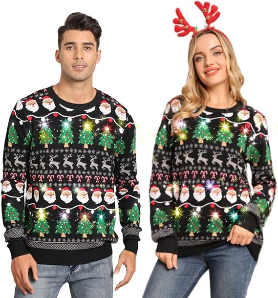 Belovecol Unisex Christmas Jumper, LED Ugly Christmas Sweater, Long-Sleeved Knitted Jumper