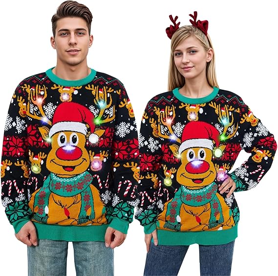 Belovecol Unisex Christmas Jumper, LED Ugly Christmas Sweater, Long-Sleeved Knitted Jumper