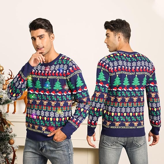 Belovecol Unisex Christmas Jumper, LED Ugly Christmas Sweater, Long-Sleeved Knitted Jumper