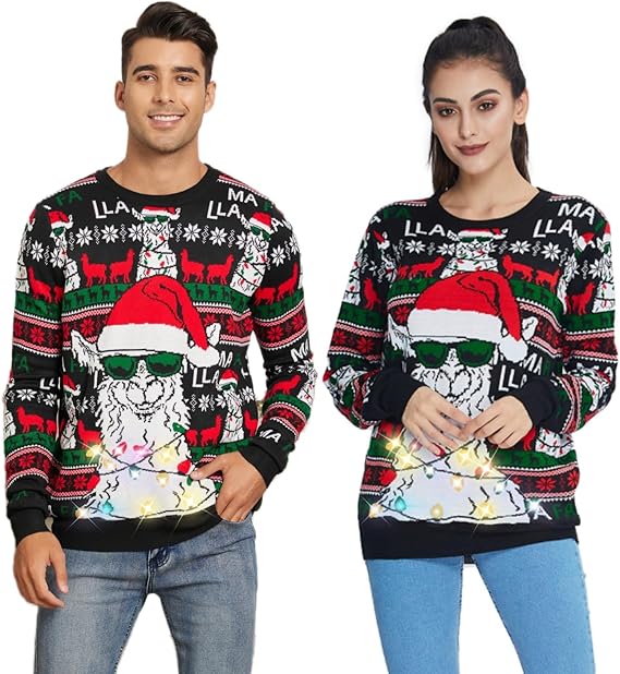 Belovecol Unisex Christmas Jumper, LED Ugly Christmas Sweater, Long-Sleeved Knitted Jumper
