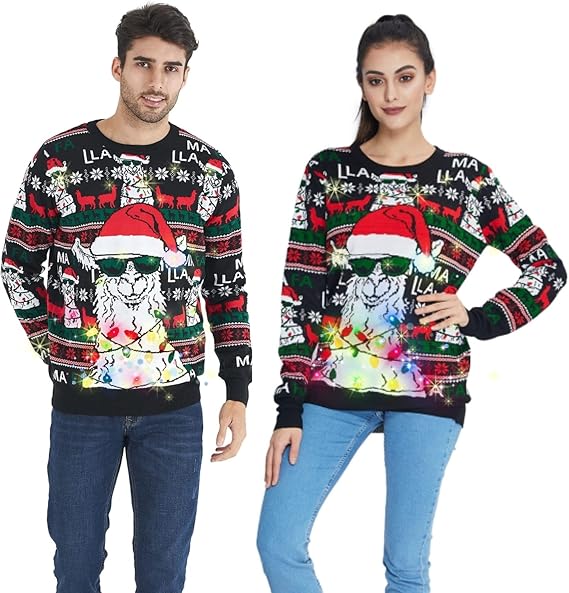Belovecol Unisex Christmas Jumper, LED Ugly Christmas Sweater, Long-Sleeved Knitted Jumper