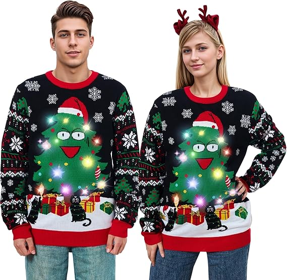 Belovecol Unisex Christmas Jumper, LED Ugly Christmas Sweater, Long-Sleeved Knitted Jumper