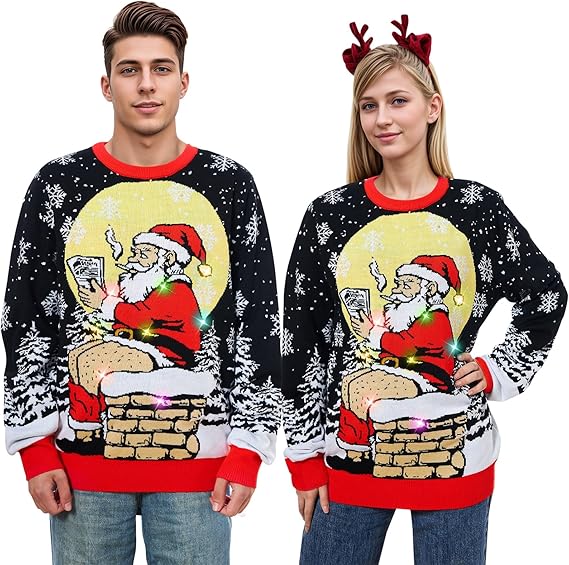 Belovecol Unisex Christmas Jumper, LED Ugly Christmas Sweater, Long-Sleeved Knitted Jumper