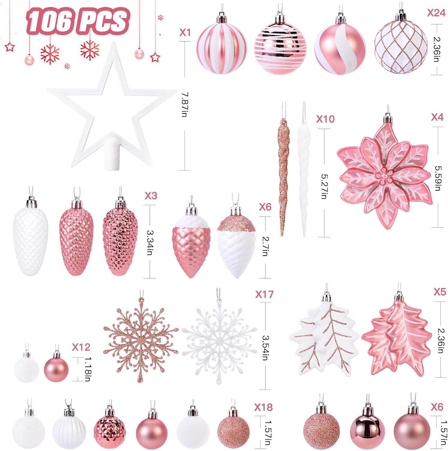 Shareconn 2025 Ruby Gold Christmas Baubles Set (106-Piece)