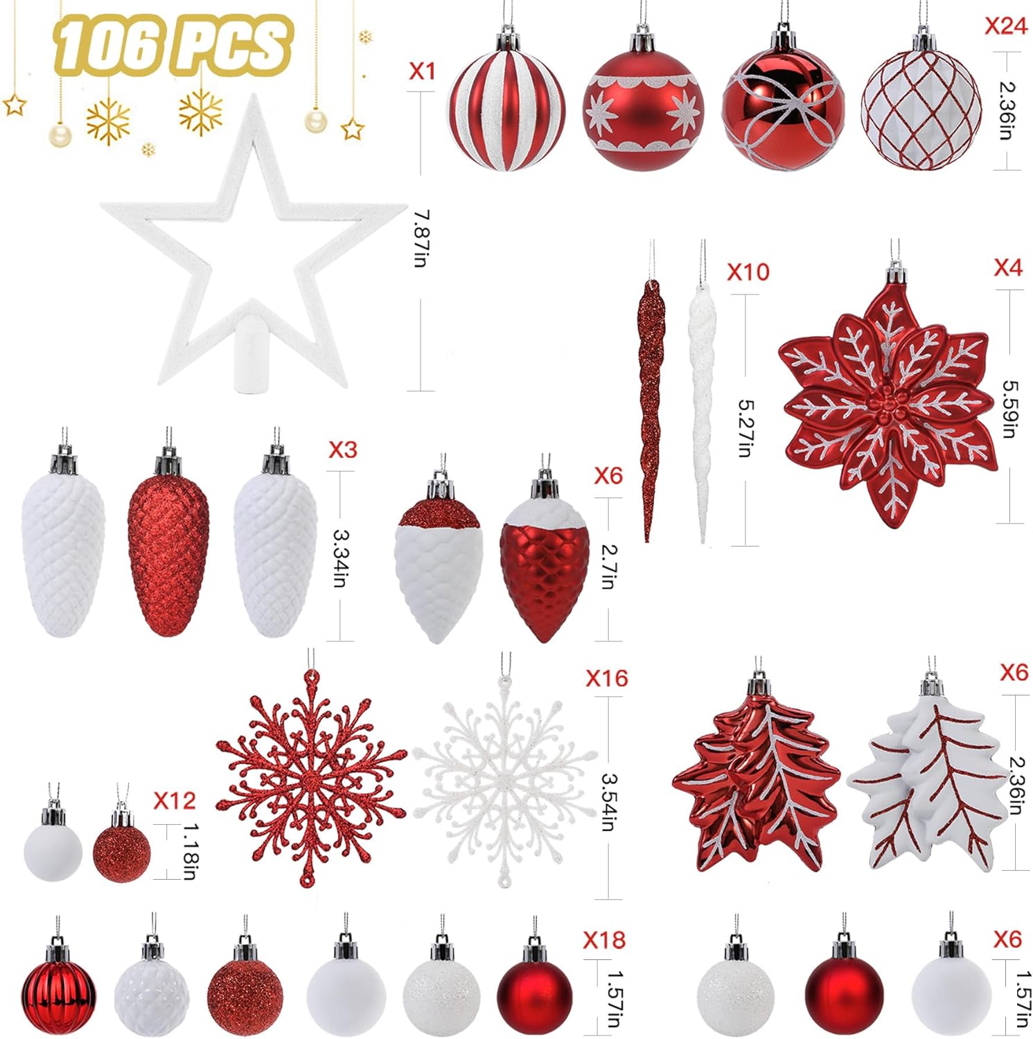 Shareconn 2025 Ruby Gold Christmas Baubles Set (106-Piece)