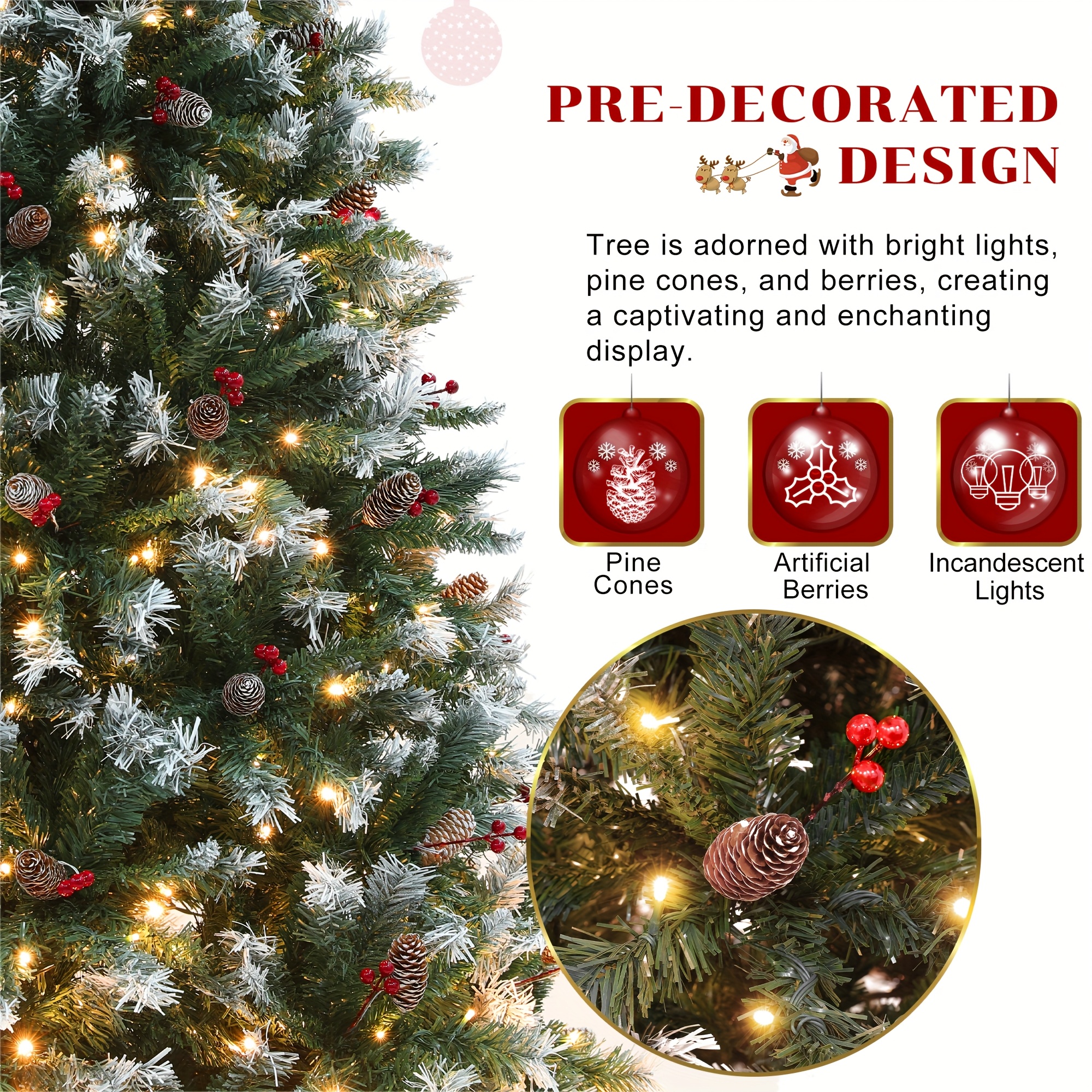 7.5ft Pre-Lit Artificial Christmas Tree with Pine Cones And Berries,