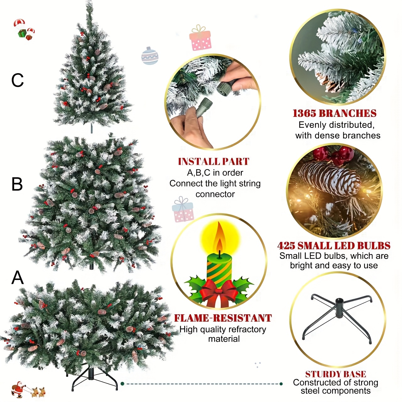7.5ft Pre-Lit Artificial Christmas Tree with Pine Cones And Berries,