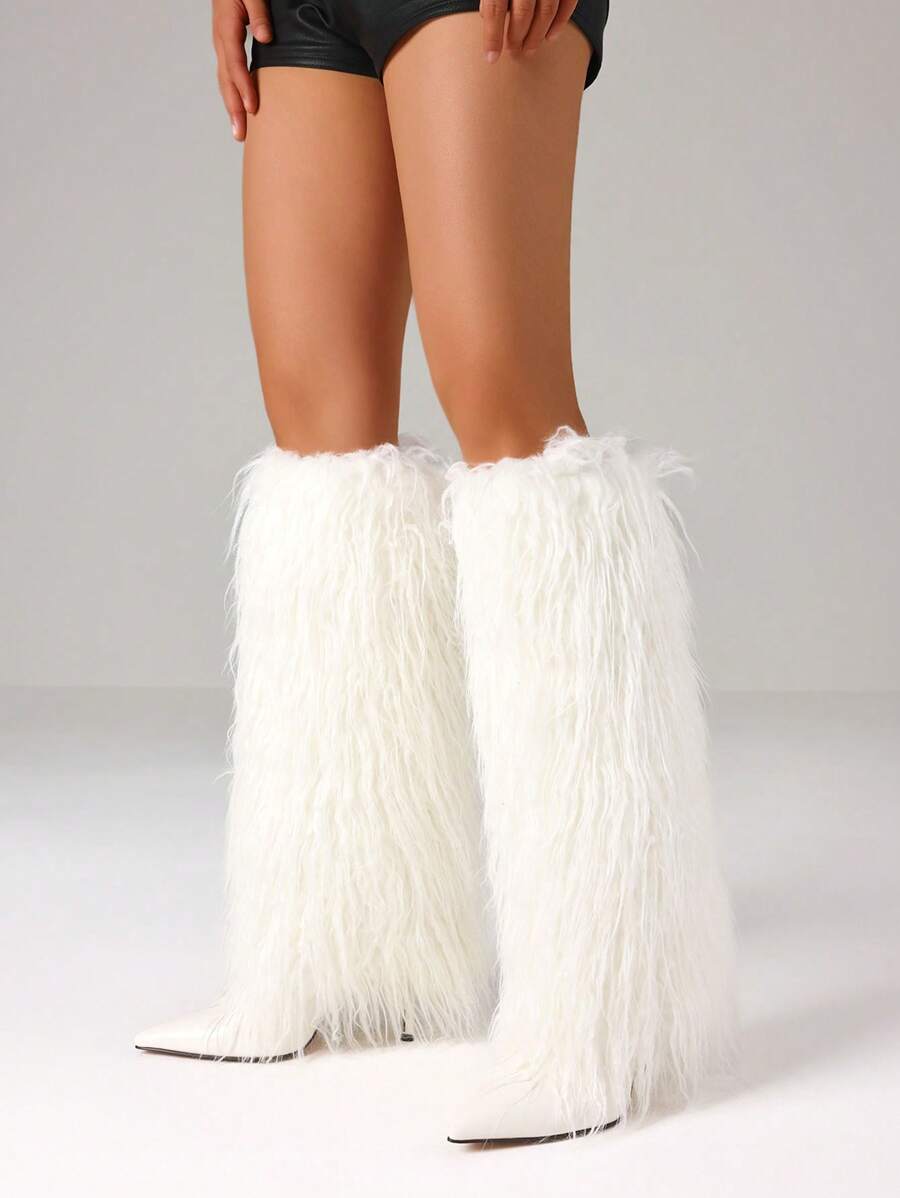 Stiletto High Heel Women Knee High Boots Furry Fluffy Fashion Luxury Sexy Elegant Nightclub Halloween Winter Snow Shoes For Woman