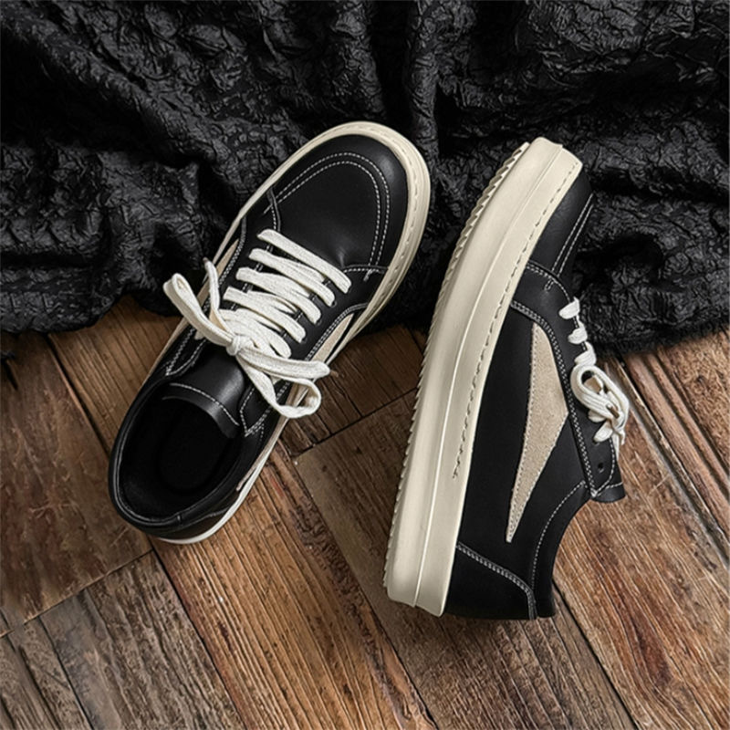 Men's Retro Low-Top Sneakers - Chunky Thick Sole ( & Rubber) Lace-Up PU Upper - Black\u002FBeige\u002FGrey\u002FWhite Colorway - German Training Shoes for Casual & Dressy Wear - Versatile All-Purpose Urban Shoes