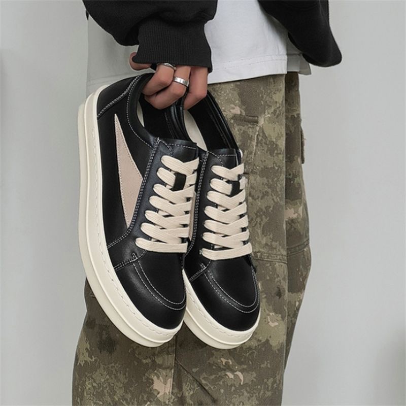 Men's Retro Low-Top Sneakers - Chunky Thick Sole ( & Rubber) Lace-Up PU Upper - Black\u002FBeige\u002FGrey\u002FWhite Colorway - German Training Shoes for Casual & Dressy Wear - Versatile All-Purpose Urban Shoes