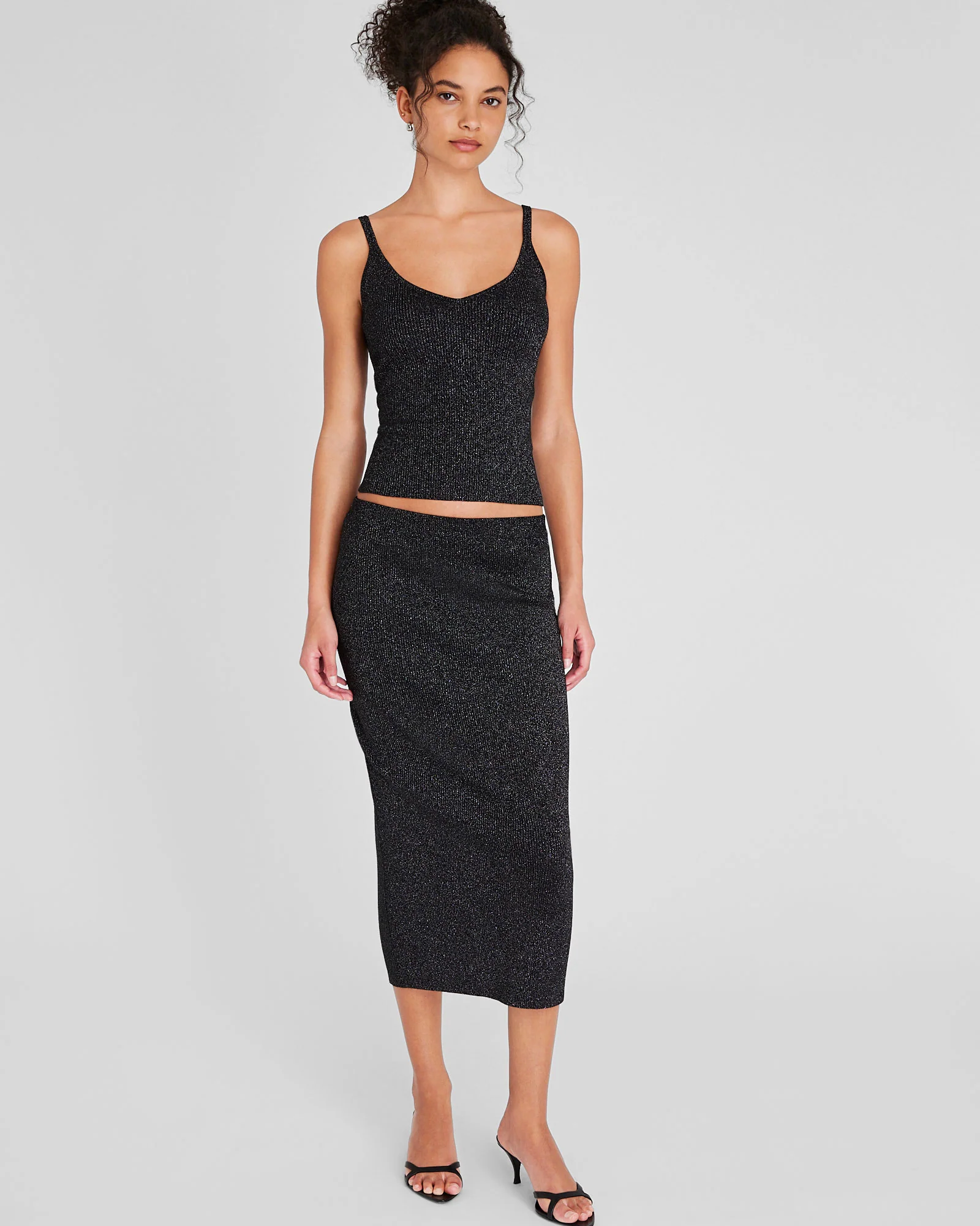 Metallic Ribbed-Knit Midi Skirt