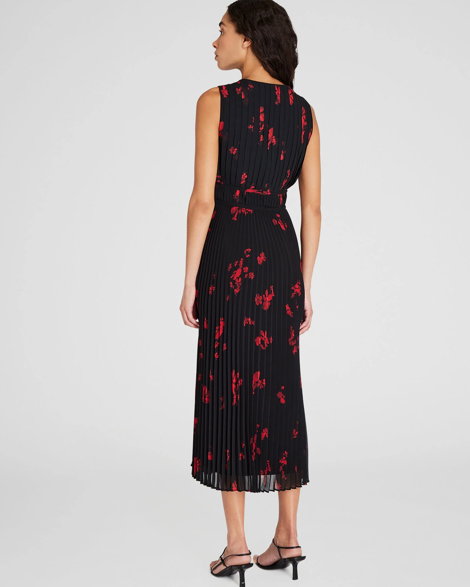 Pleated Floral Print Crepe Midi Dress