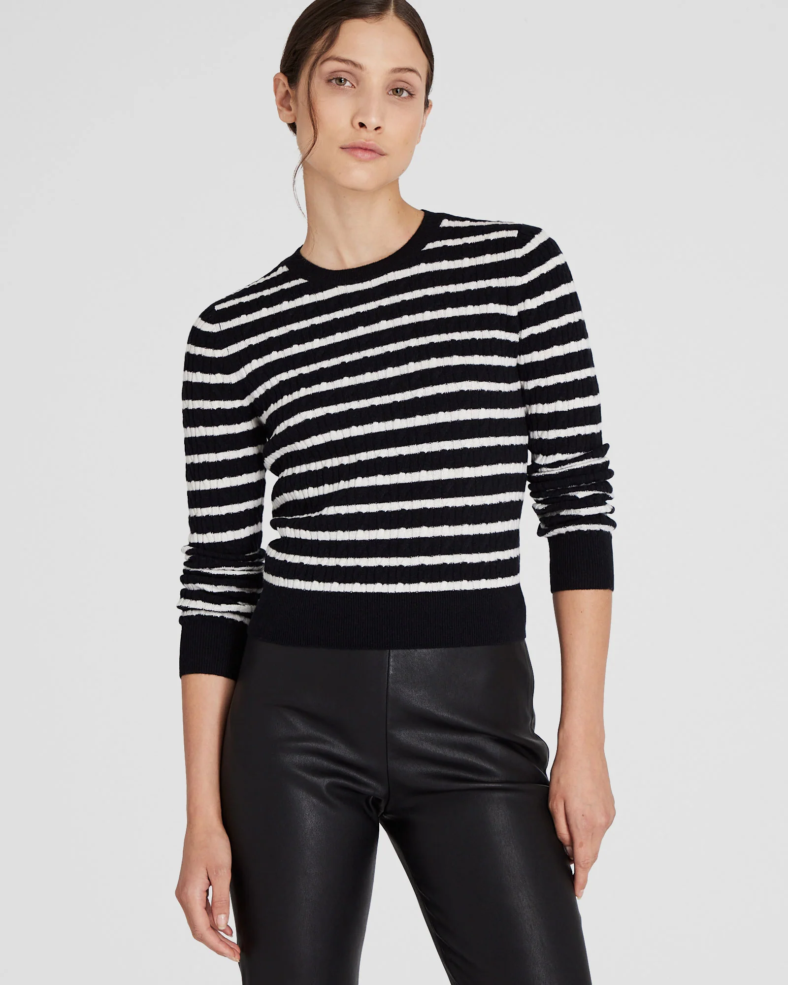 Striped Cashmere Mini-Cable Crewneck