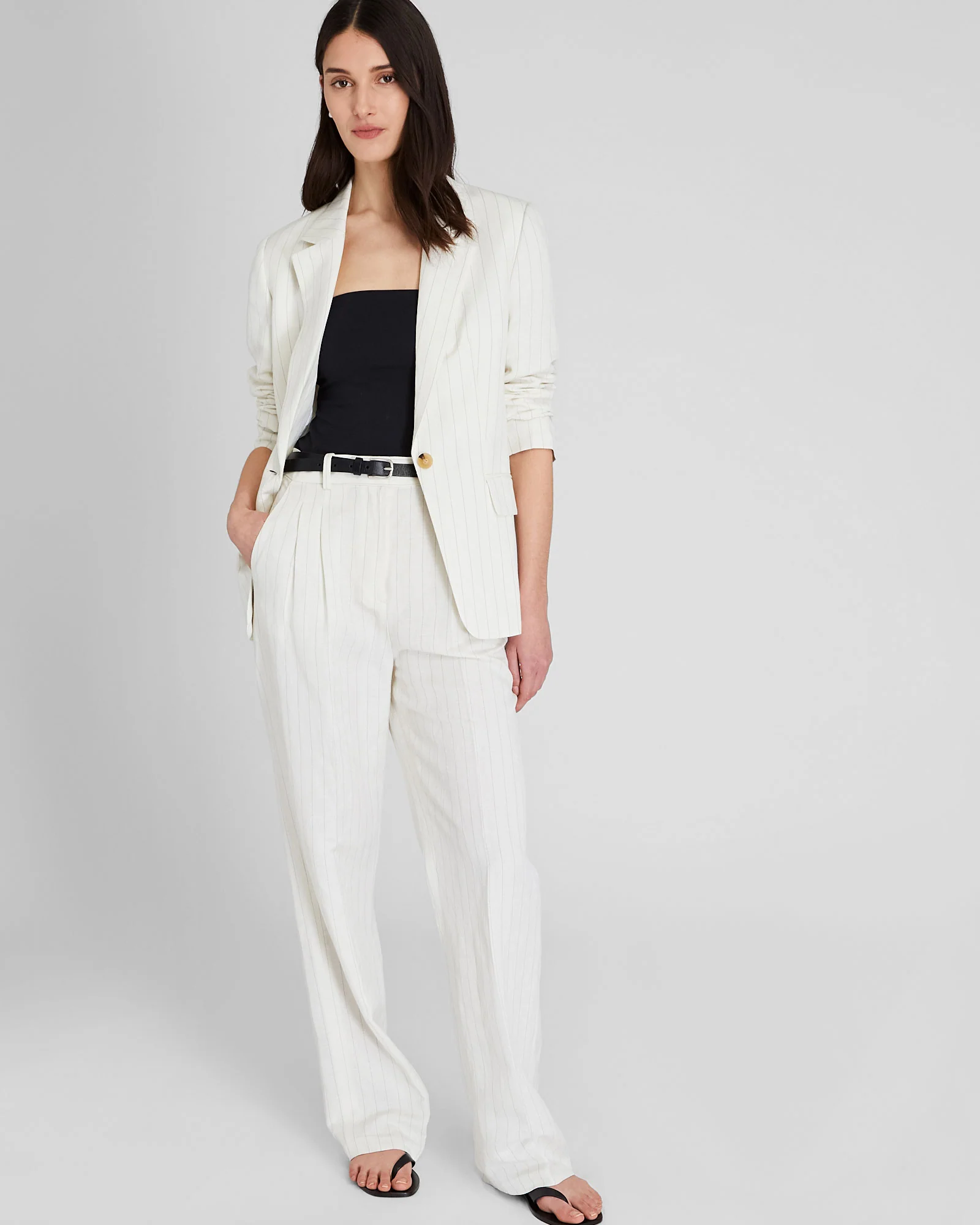 Pinstripe Pleated Linen Blend Trouser