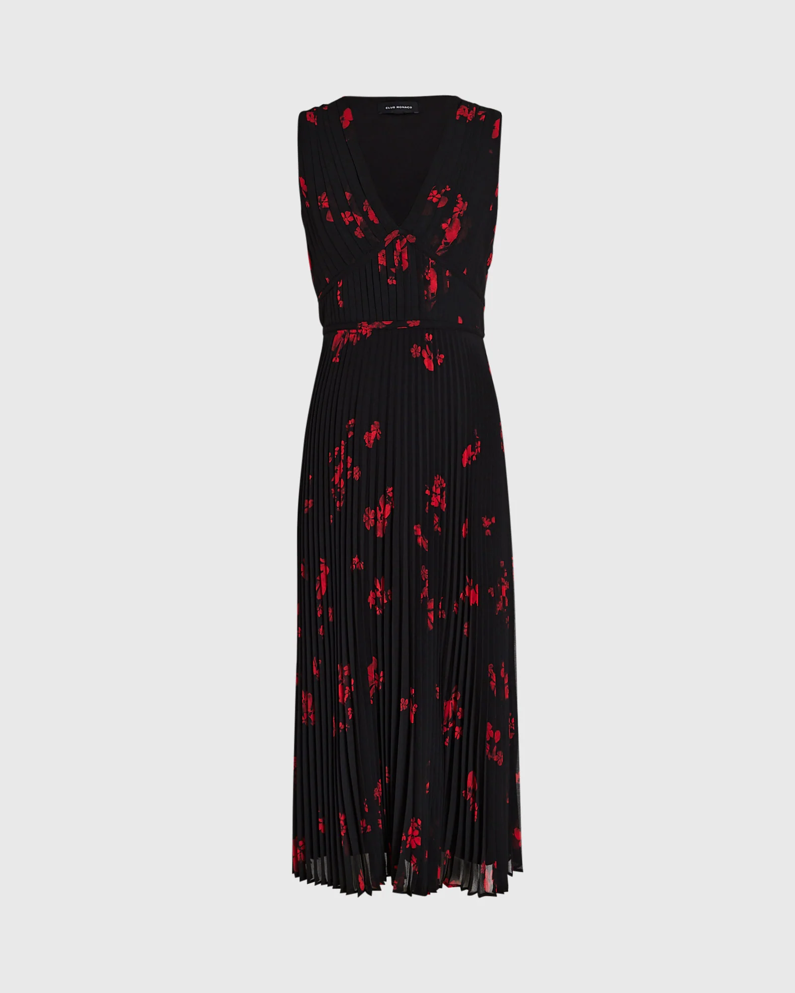 Pleated Floral Print Crepe Midi Dress