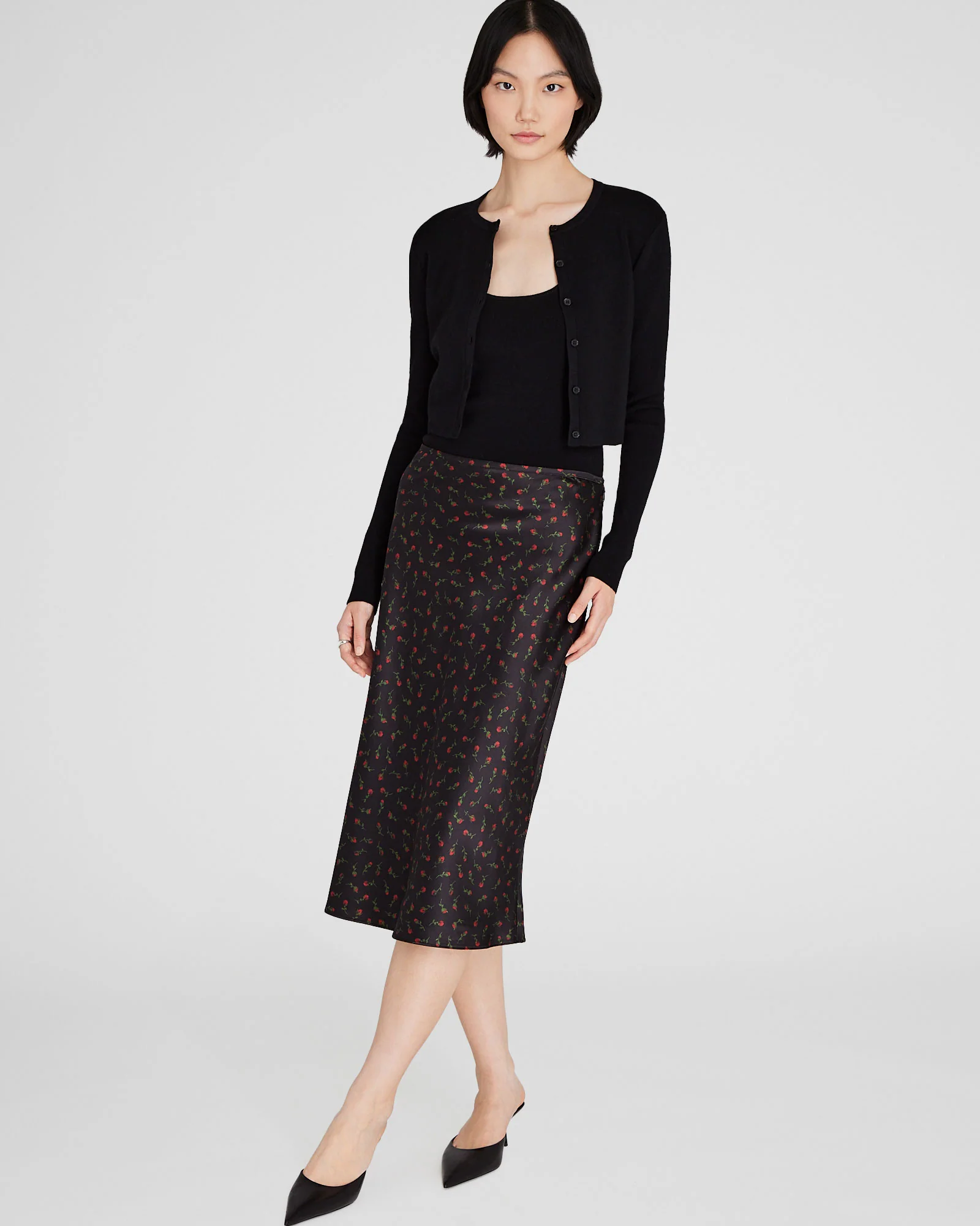 Floral Print Silk Charmeuse Midi Skirt