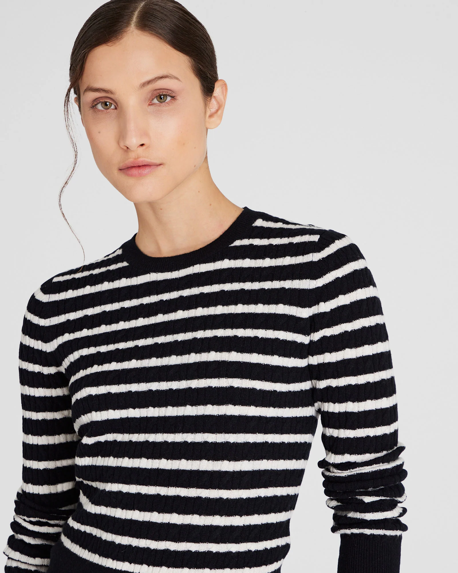 Striped Cashmere Mini-Cable Crewneck